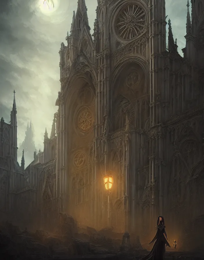 Image similar to A beautiful digital painting of a Grim Reapper, ancient catedral behind her, intricate, cinematic lighting, highly detailed, digital painting, Artstation, concept art, smooth, sharp focus, illustration, art by Tom Bagshaw, Artgerm and Greg Rutkowski