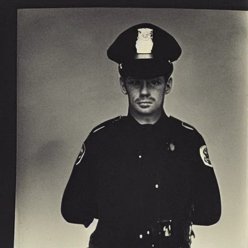 Image similar to portrait of a detailed police officer photo by Diane Arbus and Louis Daguerre