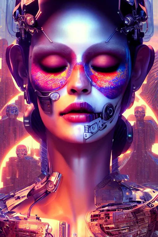 Prompt: beautiful android woman, eyes closed, photorealistic cinematic, 3 d model, cyborg, postcyberpunk, blade runner, octane render, triadic, concept art, vogue, 8 k, intricate detailed environment el dia los muertos. by terry oneill and artgerm and chie yoshii and kuciara and mucha