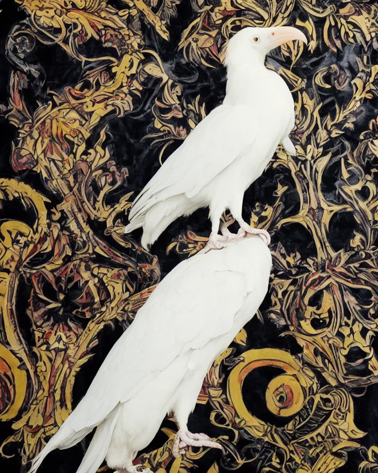 Image similar to photographic masterpiece of an albino raven standing on a colourful ornate skull on a black velvet table cloth, art nouveau wallpaper in background