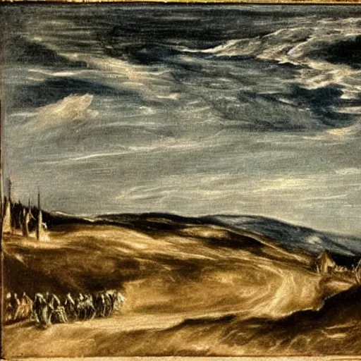 Prompt: A Spanish landscape at night by El Greco.