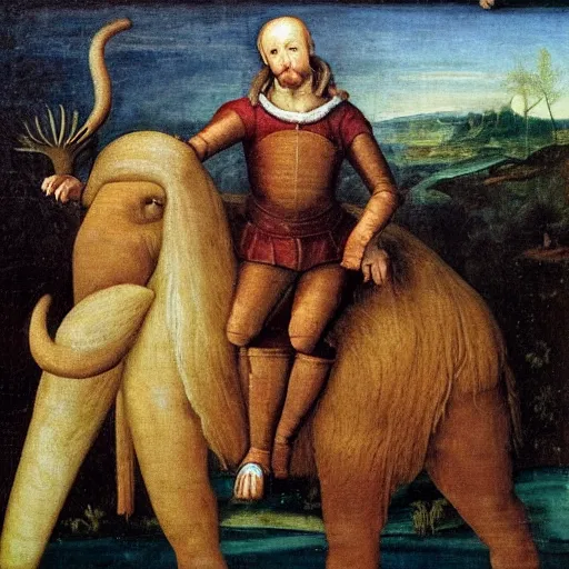 Prompt: a renaissance oil painting of a mammoth riding warrior, portrait