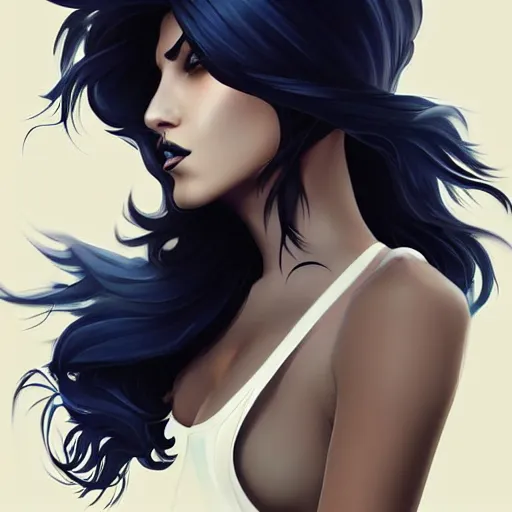 Prompt: a stunning upper body portrait of a beautiful woman with navy blue tinted black hair blowing in the wind by marvel comics, digital art, trending on artstation