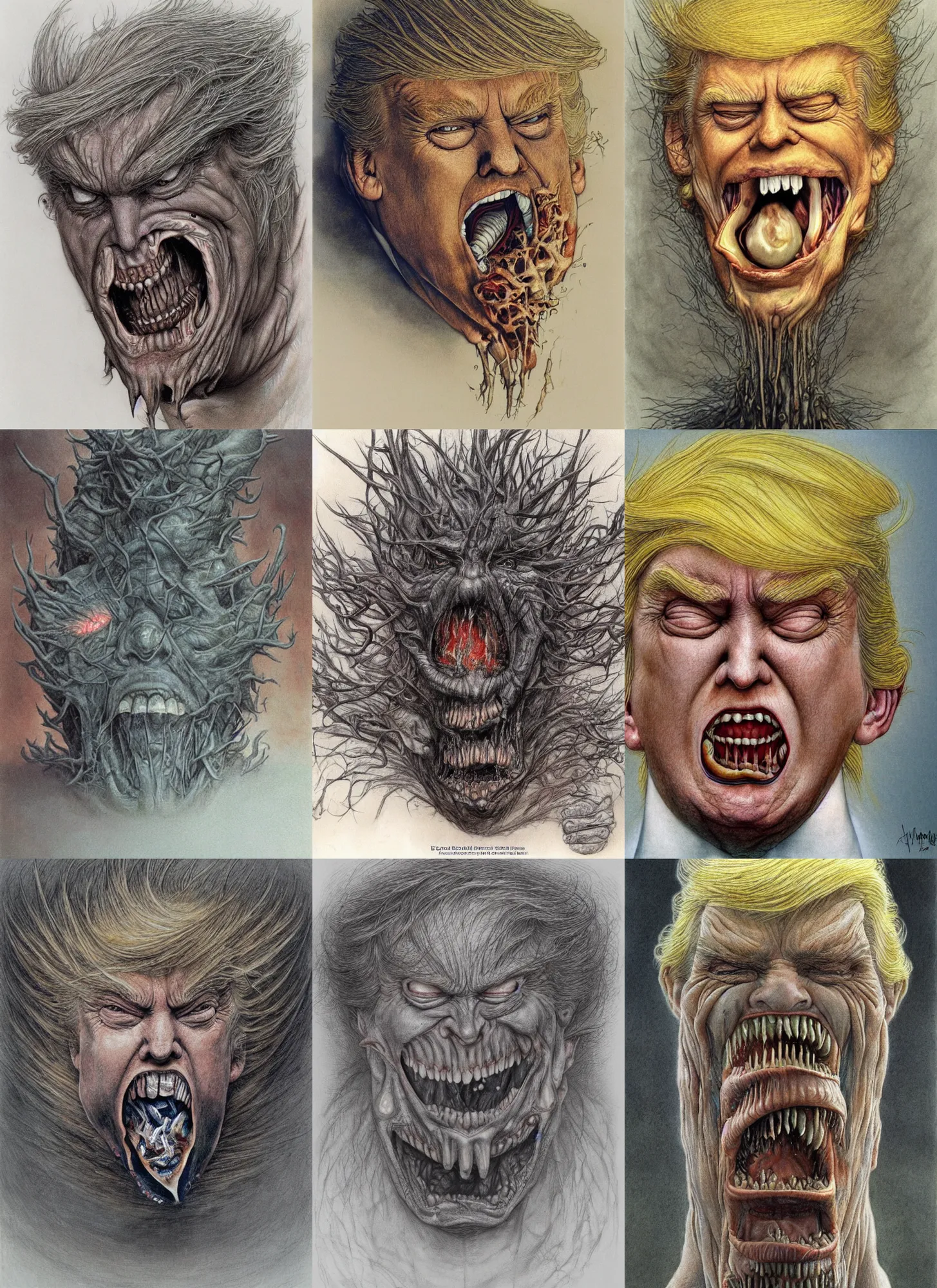 Prompt: donald trump's disgusting true form bursting from within, by alan lee