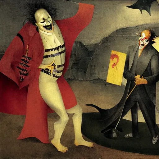 Image similar to portrait of the joker, joker is laughing, joaquin phoenix as joker, drama, chaos matte painting by hieronymus bosch and zidislaw beksinsky