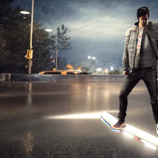 Image similar to Alan wake standing on a hoverboard with a shotgun while rain pours down from above, HDR, 8k, trending on artstation