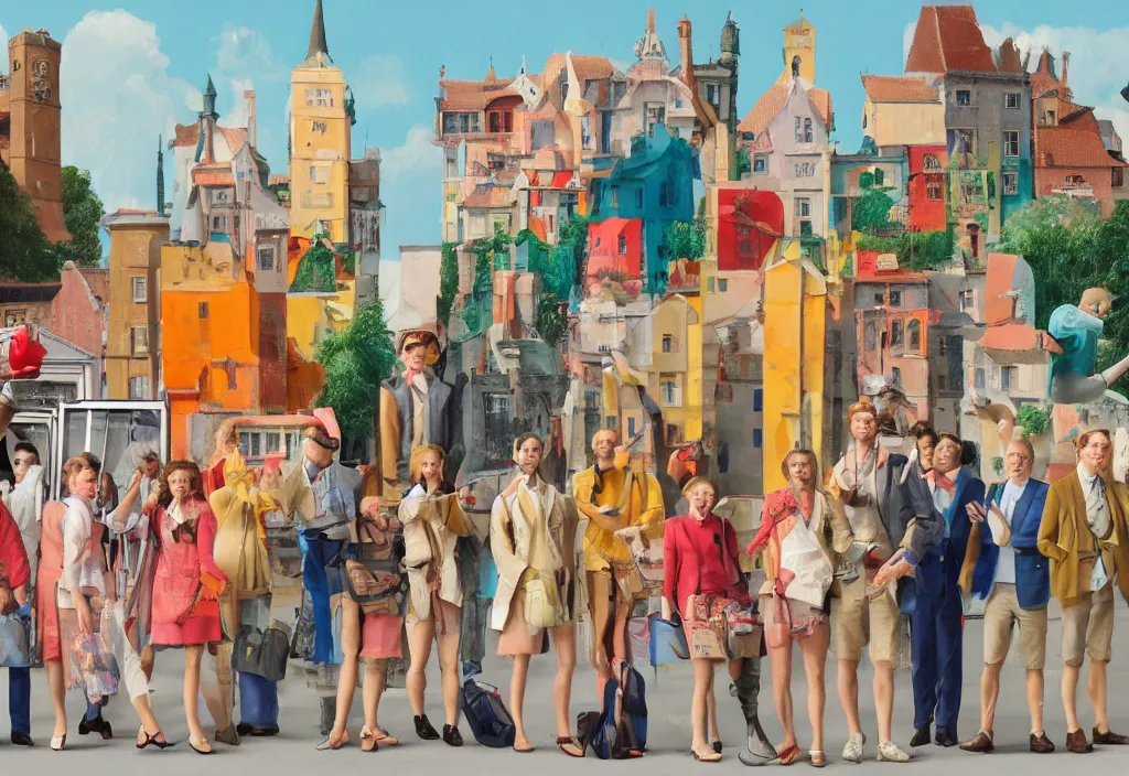 Image similar to full body portrait of a group, a row of a several european tourists getting off a tour bus, standing with a variety of poses and props, several character designs, sightseeing, a detailed painting, in the style of wes anderson, lola dupre, david hockney, isolated on negative white space background dark monochrome neon spraypaint accents volumetric octane render