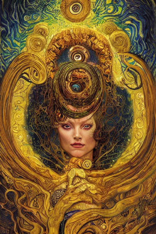 Image similar to Rebirth by Karol Bak, Jean Deville, Gustav Klimt, and Vincent Van Gogh, portrait of a sacred serpent, Surreality, radiant halo, shed iridescent snakeskin, otherworldly, fractal structures, celestial, arcane, ornate gilded medieval icon, third eye, spirals