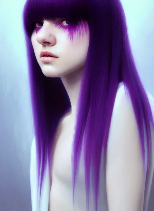 Image similar to hair whitebangs hair, black hair, whitebangs, portrait of teenage girl with white bangs, red irises, purple clothes, white bangs, bangs are different color from hair, intricate, elegant, glowing lights, highly detailed, digital painting, artstation, concept art, smooth, sharp focus, illustration, art by wlop, mars ravelo and greg rutkowski