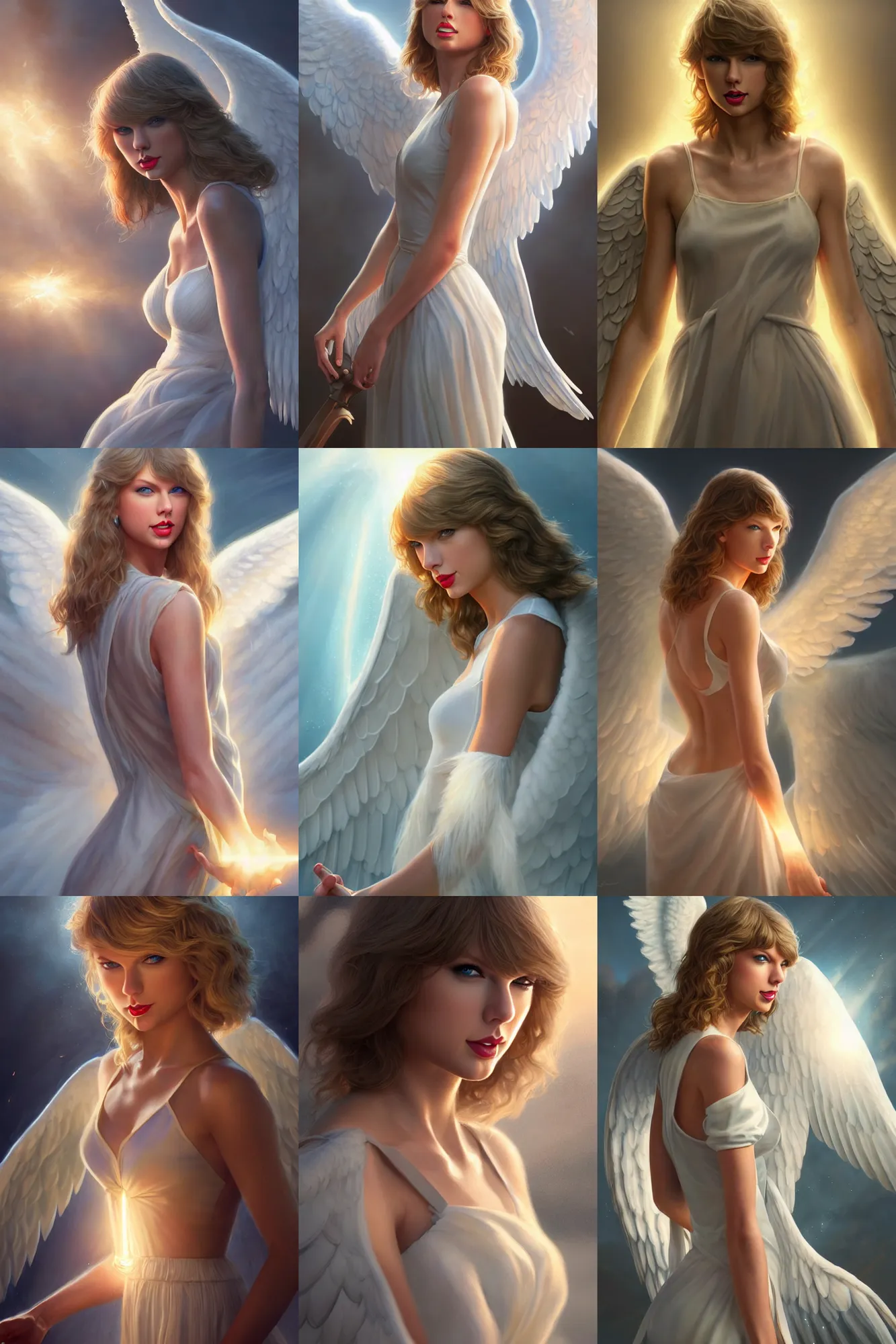 Prompt: taylor swift as a heavenly angel, bathing in light, highly detailed, photorealistic, artstation, smooth, sharp focus, illustration, unreal engine 5, 8 k, art by art by artgerm and greg rutkowski and edgar maxence