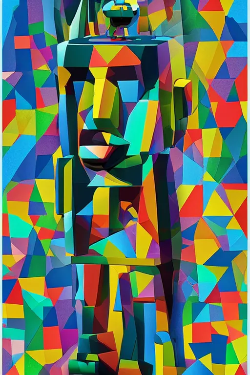 Image similar to cubist moai statue cutout digital illustration cartoon colorful beeple