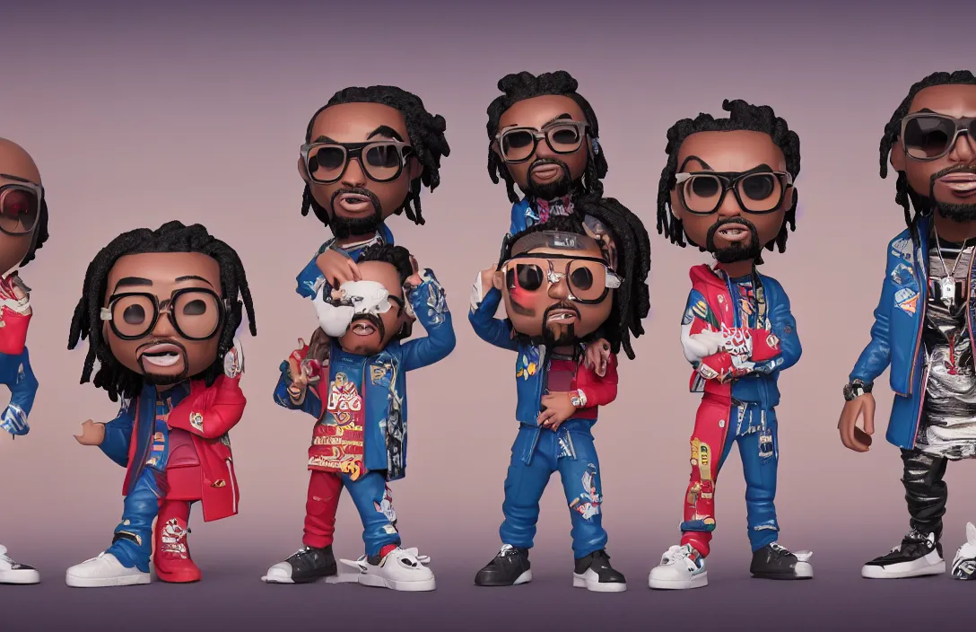 Prompt: funko pop of rap trio migos members quavo, offset and takeoff, product shot, macro, hyper realistic, octane render, unreal engine, 4 k, 8 k