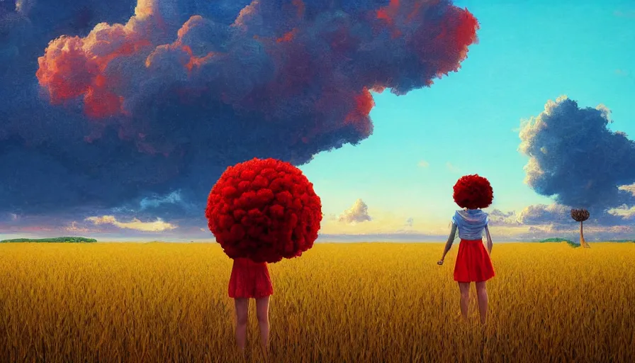 Prompt: giant red carnation afro head, full body, girl watching sunset, empty wheat field, surreal photography, colorful clouds, tree, impressionist painting, colorful clouds, digital painting, pointillism, artstation, simon stalenhag