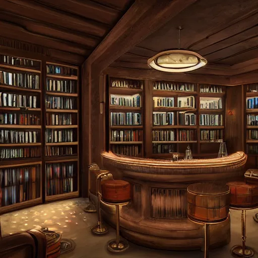 Prompt: a martini being served in a speakeasy cocktail bar that resembles a library, artstation ultra detailed