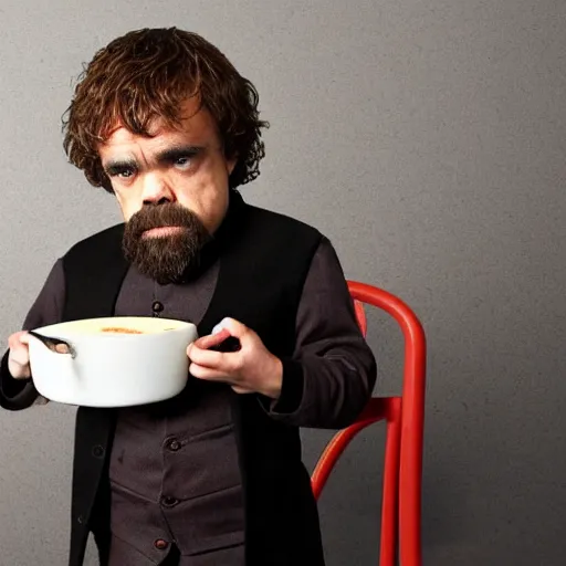 Prompt: soaked Peter dinklage served in a pot of tomato soup