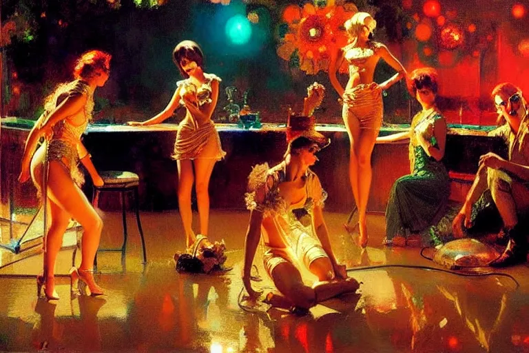 Image similar to sixties disco party, summer, neon light, painting by gaston bussiere, craig mullins, j. c. leyendecker