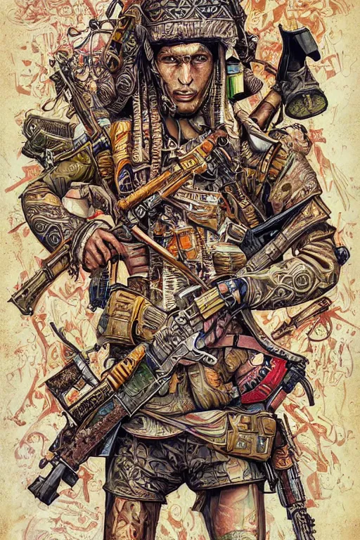 Image similar to taliban anarchy. symmetrical anatomy, very detailed design, complexity of the picture, with pop punk style, colorful, accompanied by body, pure image without duplication, dribble popular, drawn by ilya kushinov and vinicius gud and gustavo zambelli, intricate, ultra high definition, super scale rendered