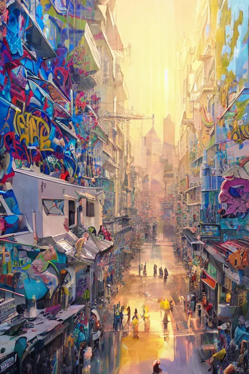 Image similar to people in a busy city people looking at a white building covered with a 3d graffiti mural with paint dripping down to the floor, professional illustration by hiroshi yoshida, painterly, yoshitaka Amano, artgerm, moebius, loish, painterly, and james jean, illustration, sunset lighting