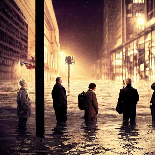 Prompt: a some people waiting in a lone bus stop in quiet dark city night at flooded world in Interstellar movie, high quality, high resolution,detailed