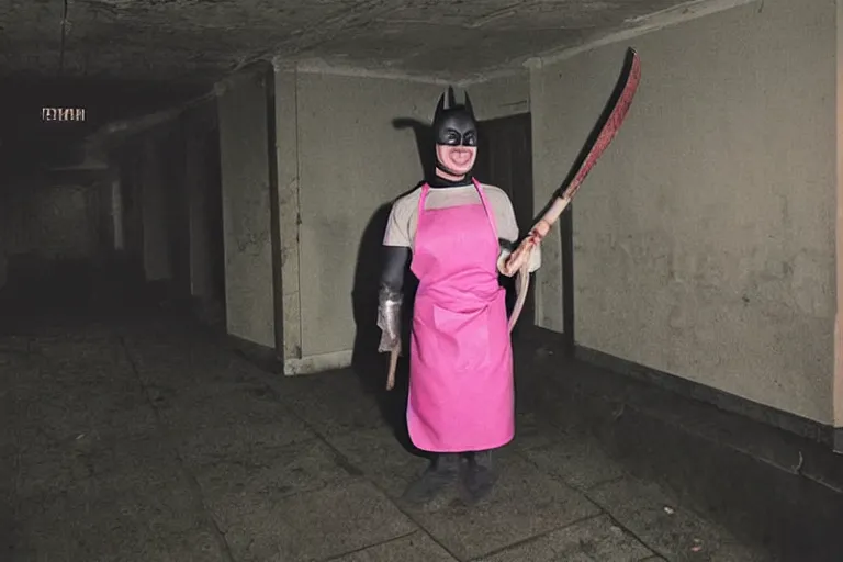 Image similar to batman wearing pink apron wielding an axe, chasing through old brown decrepit hallway, creepy smile, atmospheric eerie lighting, dim lighting, bodycam footage, photograph