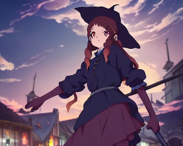 Image similar to key anime visual portrait of a young female witch walking through a busy village, dynamic pose, dynamic perspective, cinematic, dramatic lighting, muted colors, detailed silhouette, textured, finely detailed eyes, anime proportions, little witch academia