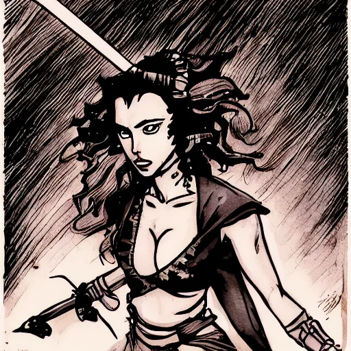 Image similar to scarlett johansson as a barbarian in afro samurai manga style, pencil and ink, walking the wastelands