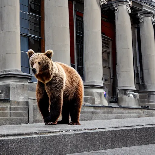 Prompt: brown bear outside Dublin Criminal Court, Ireland, photograph, 8k