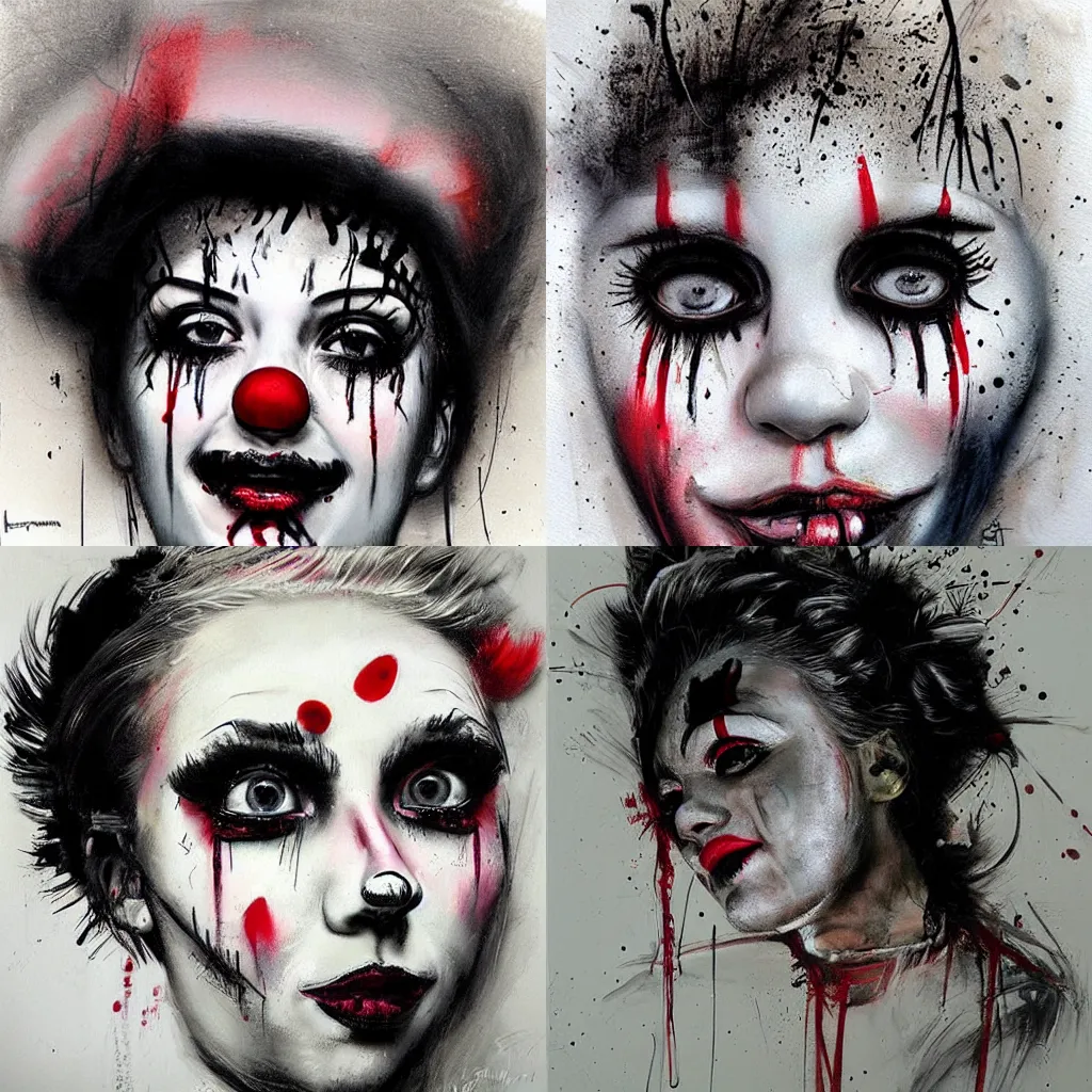 Prompt: Portrait of a young female Clown that has an expression of joy with black tears on his face by Guy Denning by Artgerm