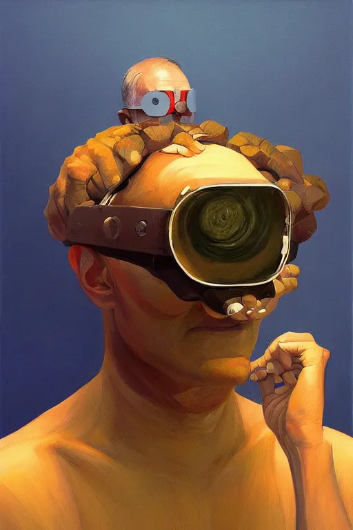 Image similar to sathoshi nakamoto wearing oculus and bitcoin over his head edward hopper and james gilleard, zdzislaw beksisnski, higly detailed