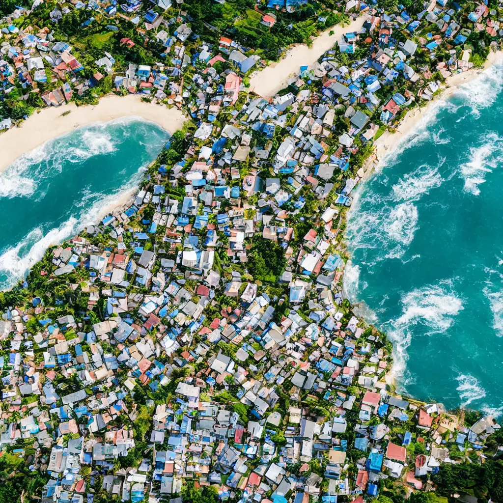 Image similar to down angled view of an anime town, ocean, town, beach, hills