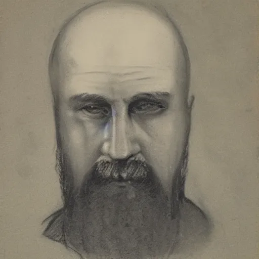 Image similar to charcoal portrait of an early 20th century russian, black robes bald, beardless, no eyebrows
