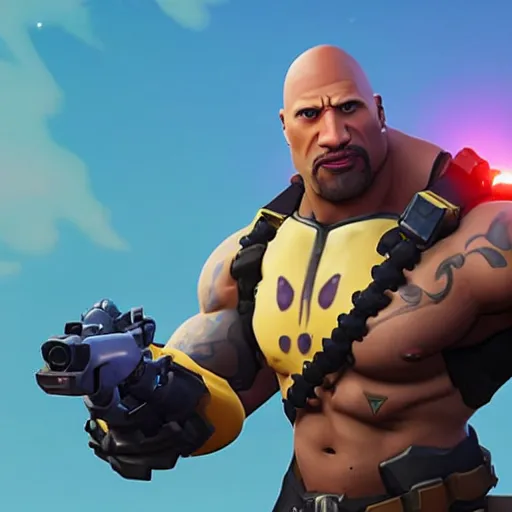 Image similar to screenshot from overwatch dwayne the rock johnson as a fortnite character