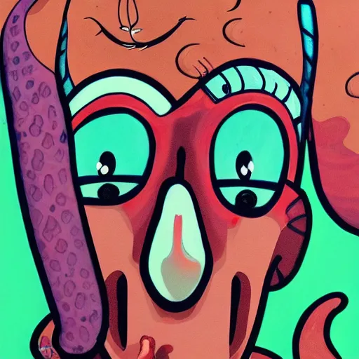Image similar to handsome squidward as male, detailed, vivid colors, pop art style, portrait, detailed painting, man, realistic