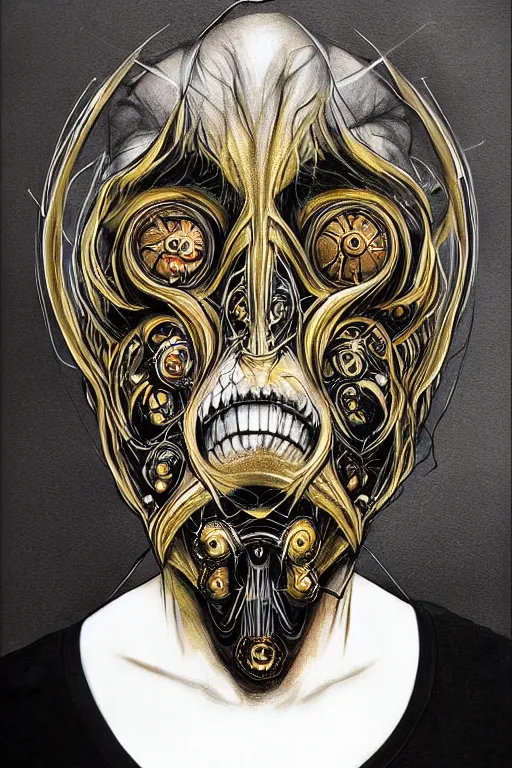 Image similar to Pikachu as painting of majestic chromatic biomechanical anatomical hybrid beautiful ethereal symmetrical neutral black metal corpsepaint mask closeup face tattoo pattern golden ratio concept, Neo-Gothic concept, infinity glyph waves, intricate artwork masterpiece, very coherent artwork, cinematic, full frontal facial features by Artgerm, art by H.R. Giger, Joseph Michael Linsner, Zdizslaw Beksinski, Johnatan Wayshak, Moebius, Ayami Kojima, very anatomically coherent artwork, trending on cgsociety, ultra high quality model, production quality cinema model, high detail chromatic ink outline, octane render, unreal engine 8k, hyper realism, high detail, octane render, unreal engine, 8k, High contrast