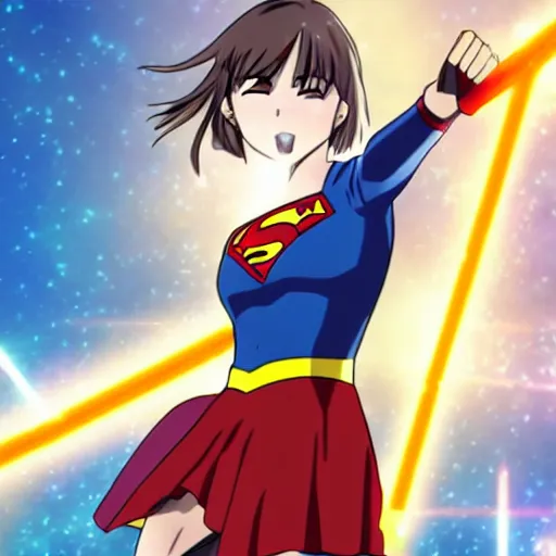 Prompt: anime visual of supergirl shooting laserbeams from her eyes