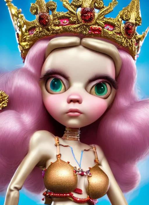 Image similar to highly detailed closeup, profile portrait of a tin toy fairytale princess wearing a crown, bikini, unreal engine, nicoletta ceccoli, mark ryden, earl norem, lostfish, global illumination, detailed and intricate environment