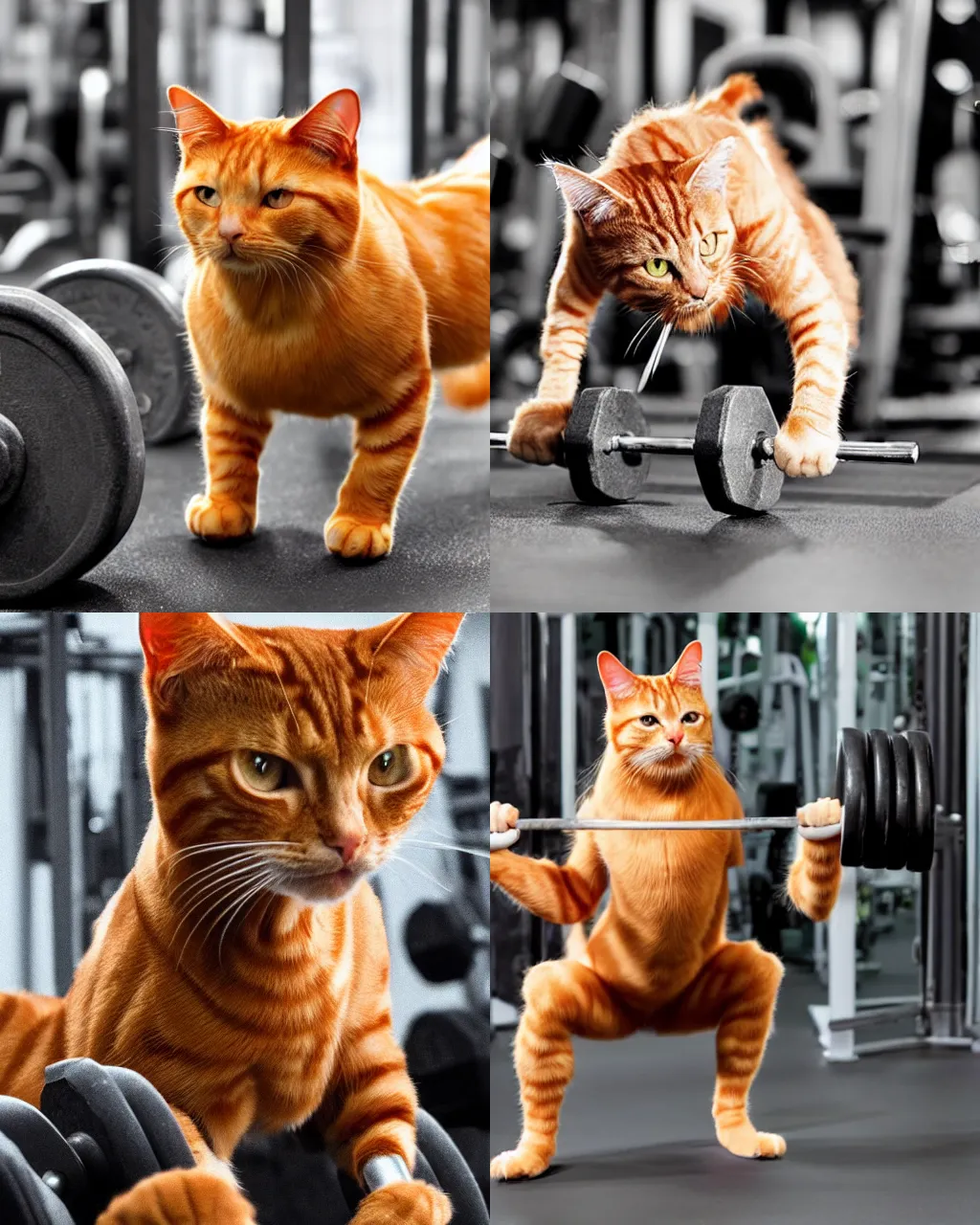 Prompt: a muscular ginger cat at the gym lifting weights, photorealistic,