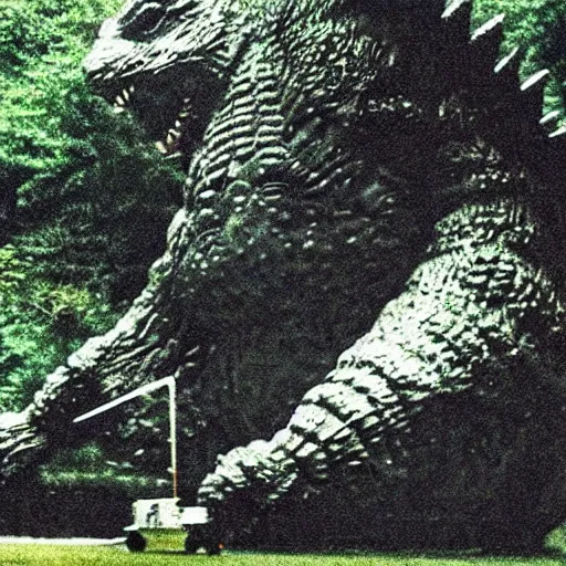 Prompt: godzilla mowing his lawn