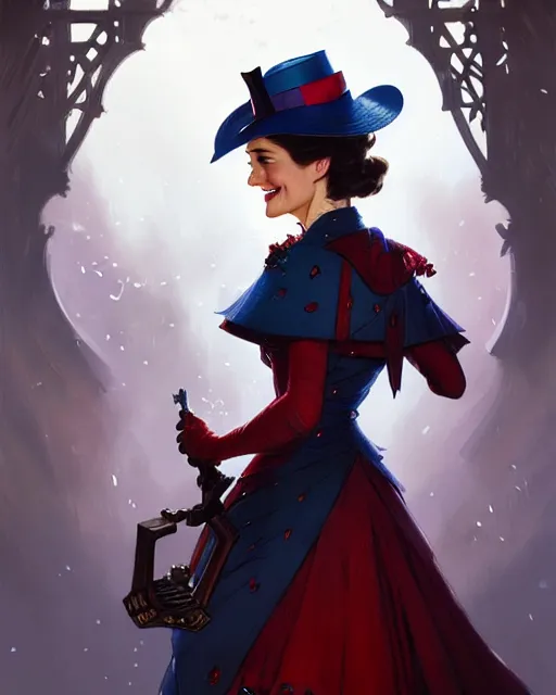 Image similar to Marry Poppins smiling and looking to the side, D&D, fantasy, intricate, elegant, highly detailed, digital painting, artstation, concept art, matte, sharp focus, illustration, hearthstone, art by Artgerm and Greg Rutkowski and Alphonse Mucha