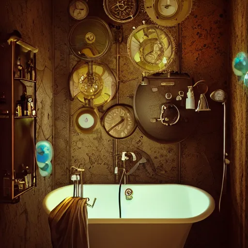 Prompt: steampunk bright tiny bathroom in the warm morning light, soap, bubbles, small perfumes, beautifully lit, painting, high resolution, trending on artstation