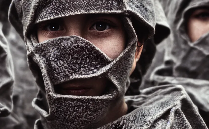 Image similar to cinestill 5 0 d photographic portrait by helen levitt of a group of android women wearing rugged black mesh techwear in a foggy cement maze, extreme closeup, modern cyberpunk, dust storm, 8 k, hd, high resolution, 3 5 mm, f / 3 2, ultra realistic faces, intricate detail, ex machina