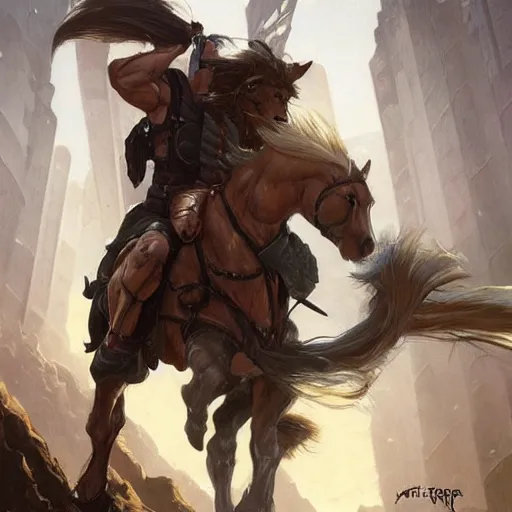 Image similar to splash art of bara horse fursona guy, wearing kevlar, sporting a long white mane, exaggerated muscles, highly detailed, furry, furaffinity, digital painting, artstation, sharp focus, illustration, art by artgerm, greg rutkowski, alphonse mucha