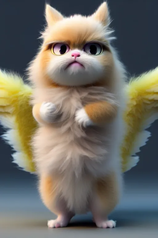 Image similar to high quality 3 d render hyperrealist very cute multipastel fluffy! grumpy griffin cat hybrid with fluffy wings!, vray smooth, in the style of detective pikachu, hannah yata charlie immer, dramatic yellow light, low angle, uhd 8 k, sharp focus