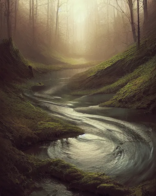 Image similar to professional ominous impressionist painting of a winding river by artgerm and greg rutkowski. an intricate, elegant, highly detailed digital painting, concept art, smooth, sharp focus, illustration, in the style of simon stalenhag, wayne barlowe, and igor kieryluk.