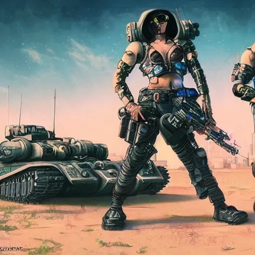 Prompt: Lofi vaporwave cyberpunk sci-fi cyberpunk tank crew, Pixar style, Tristan Eaton, Stanley Artgerm, Tom Bagshaw
