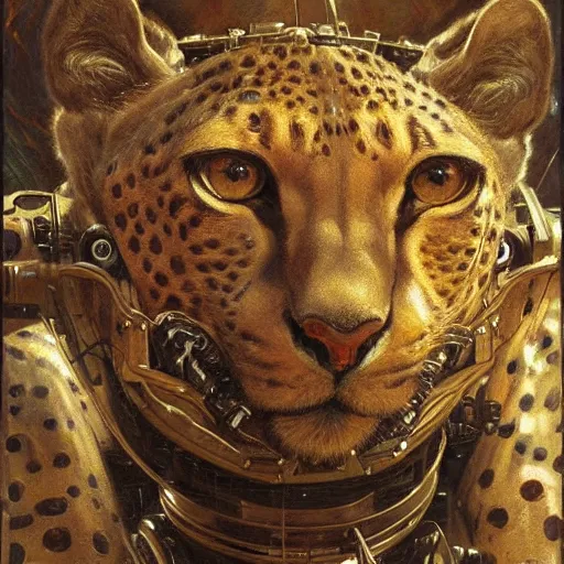 Image similar to highly detailed portrait of an humanoid robotic cheetah mecha, painting by gaston bussiere, craig mullins, j. c. leyendecker, lights, art by ernst haeckel, john william godward, hammershøi,