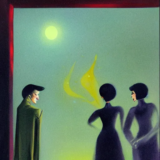 Prompt: a gust of night pushed its way in the door, by jack gaughan, oil on canvas