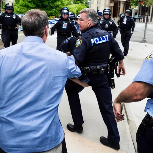 Image similar to fbi director Christopher wray getting arrested by police agents, photo 85mm, f/1.3