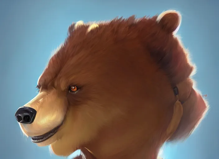 Image similar to character portrait feature of the anthro male anthropomorphic kamchatka brown bear fursona wearing airline pilot outfit uniform professional pilot character design stylized by charlie bowater, ross tran, artgerm, and makoto shinkai, detailed, soft lighting, rendered in octane