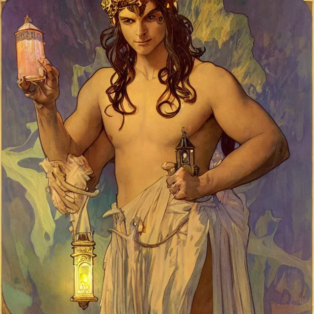 Image similar to an aesthetic! a detailed portrait of a man with a crown, holding a lantern by frank frazetta and alphonse mucha, oil on canvas, art nouveau dungeons and dragons fantasy art, hd, god rays, ray tracing, crisp contour lines, huhd